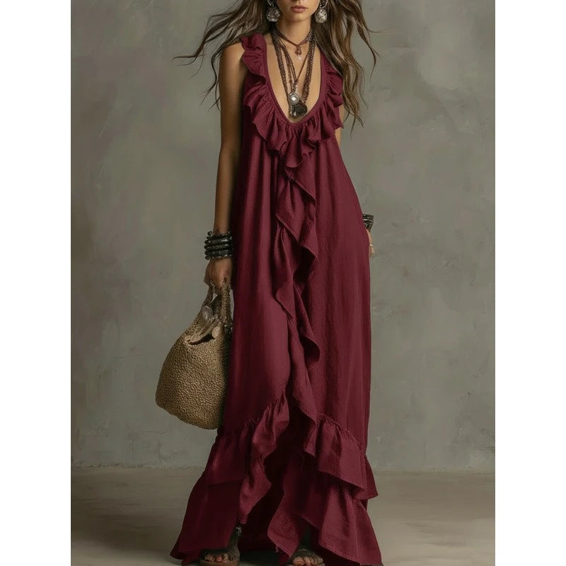 Boho Ruffled Maxi Dress Deep V Sleeveless Cascading Ruffle Loose Flowy Floor Length Beach Vacation Casual Long Dresses Cover Up