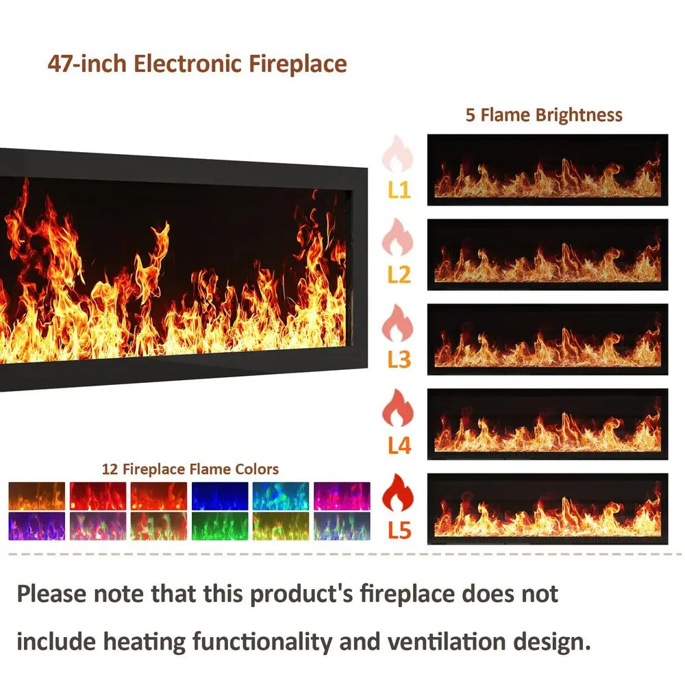 Fireplace TV Stand, Fluted TV Stands for Living Room, Natural Entertainment Center with Unheated Electric Fireplace, 5 Flame Br
