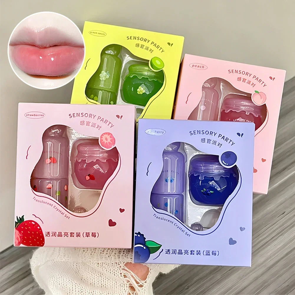 Blueberry Peach Lip Balm & Lip Gloss Set Light Hydrating Formula Relieve Dry Lips Remove Dead Skin Soothing Tender Lip Care