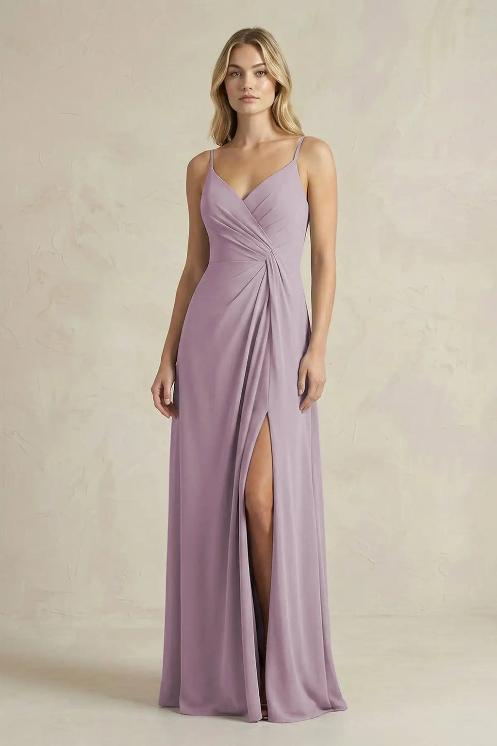 Spaghetti Strap Chiffon Bridesmaid Dress V Neck Pleated Bodice Side Slit Corset Back A Line Floor Length Formal Evening Gown
