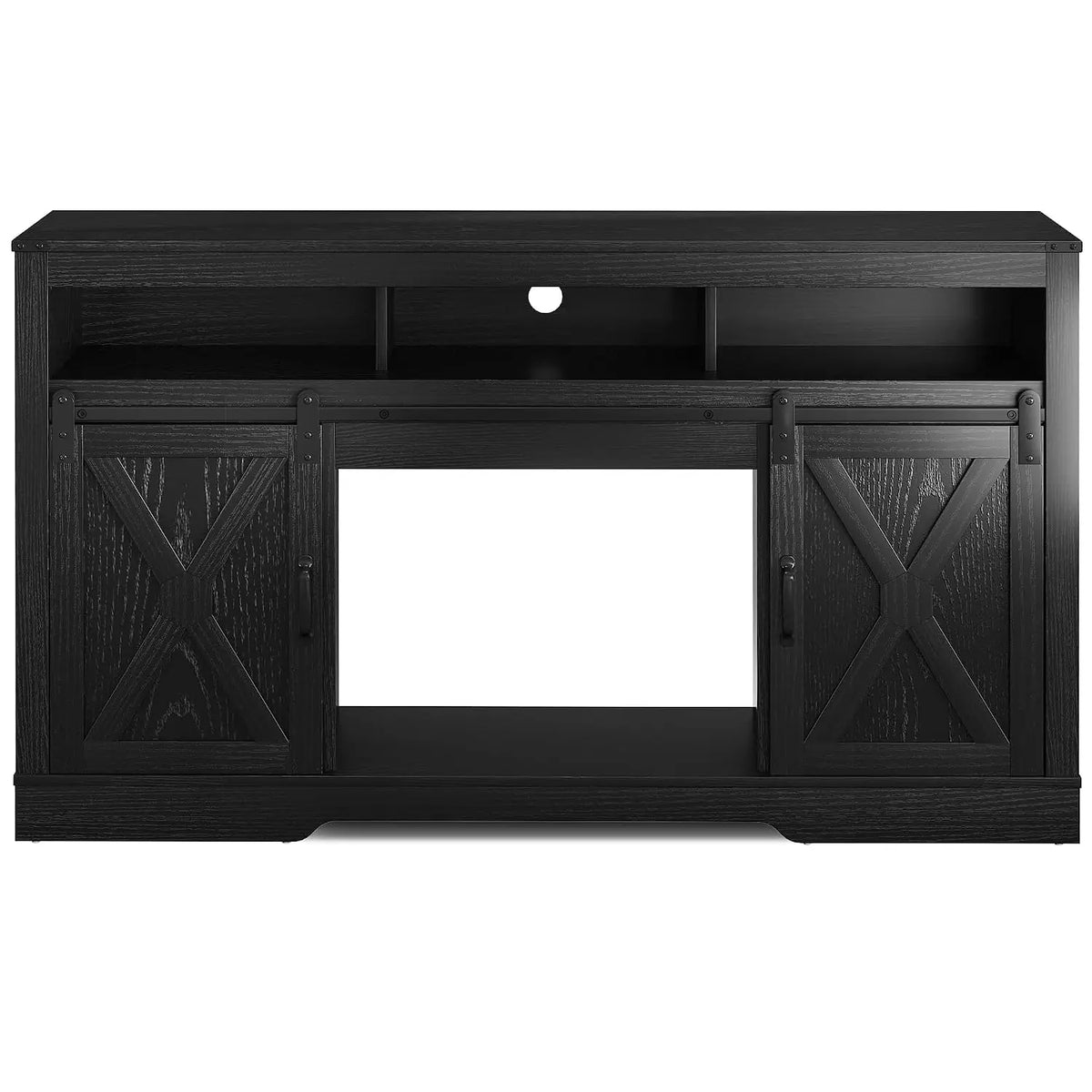Black Farmhouse TV Stand with Sliding Bar Door & 23" Electric Fireplace with Remote for 65+ Inch TV Living Room, Customized