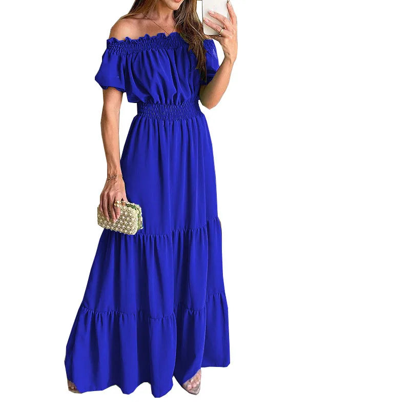 Summer Sexy Off Shoulder Slash Neck Ruffle Beach Party Dress Elegant Women Fashion Red Lace-up Pleated Holiday Long Dresses Robe