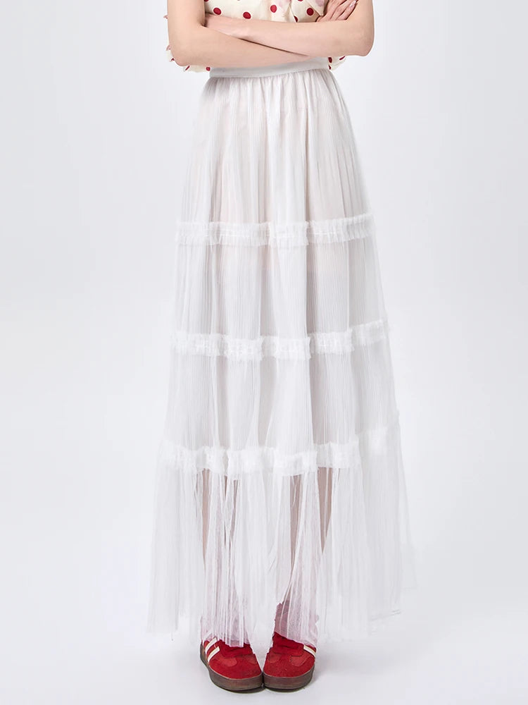 Women's Skirt Spring Summer Tiered Tulle High Waist Ruffle Hem A-Line Pleated Maxi Layered Mesh Cake Skirt Female Faldas SK120