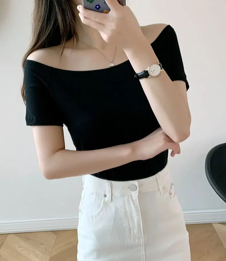 MRMT 2026 Brand New Women's T Shirt Cotton Slim Fit Short Sleeve T-Shirt For Female Off Shoulder Tops One Line Neck Tshirt