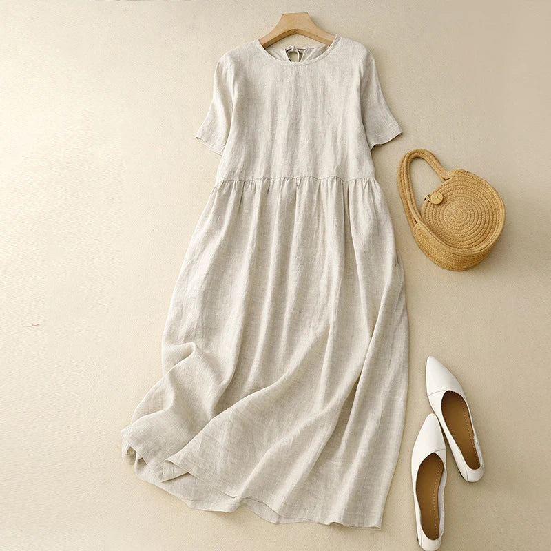 Korean Style Summer Fashion Solid Color Simple Basic Cotton Linen Dress for Women Good Quality Half Sleeve Elegant Frock Female