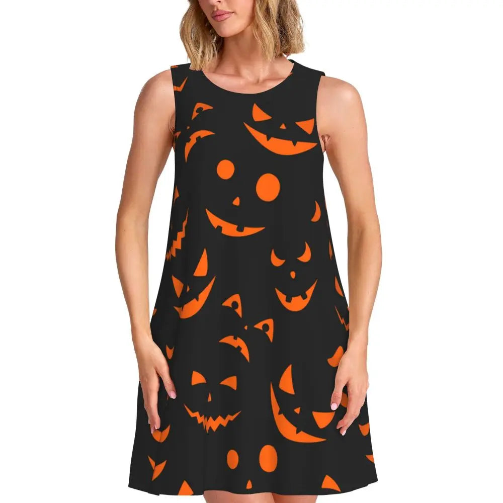 Happy Haunts Tank Dress Halloween Pumpkin Aesthetic Dresses Sleeveless Cute Dress Hot Sale O Neck Ladies Printed Clothing
