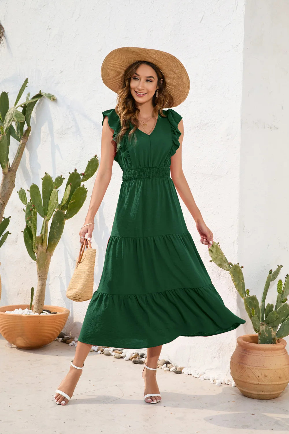 VigoCasey 2026 Summer Female Solid Long Dress Women Sexy Ruffle Sleeveless V Neck Long Dress Lady Casual High Waist Dresses