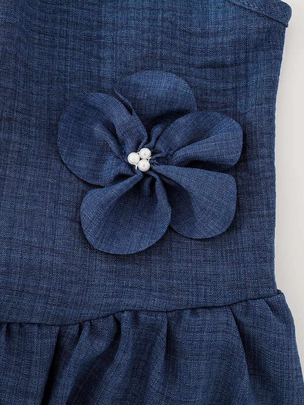 Kids Girls Sleeveless Halter Dress 3D Pearl Floral Applique Denim A‑Line Midi Dress 4‑12 Years Old for Wedding Guest Birthday Party