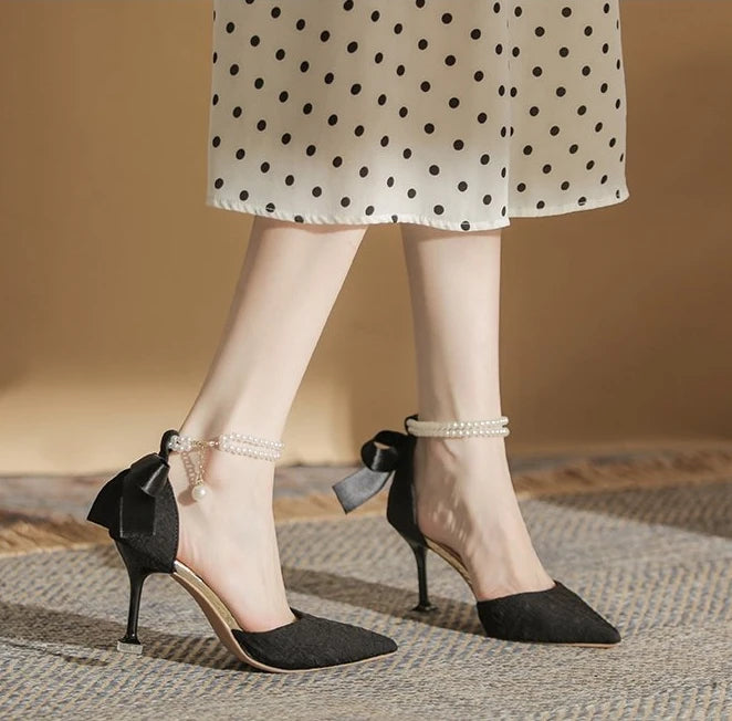 Fashionable high-heeled women's 2025 summer new pearl open-back evening dress stiletto style fairy-tale elegant single shoes