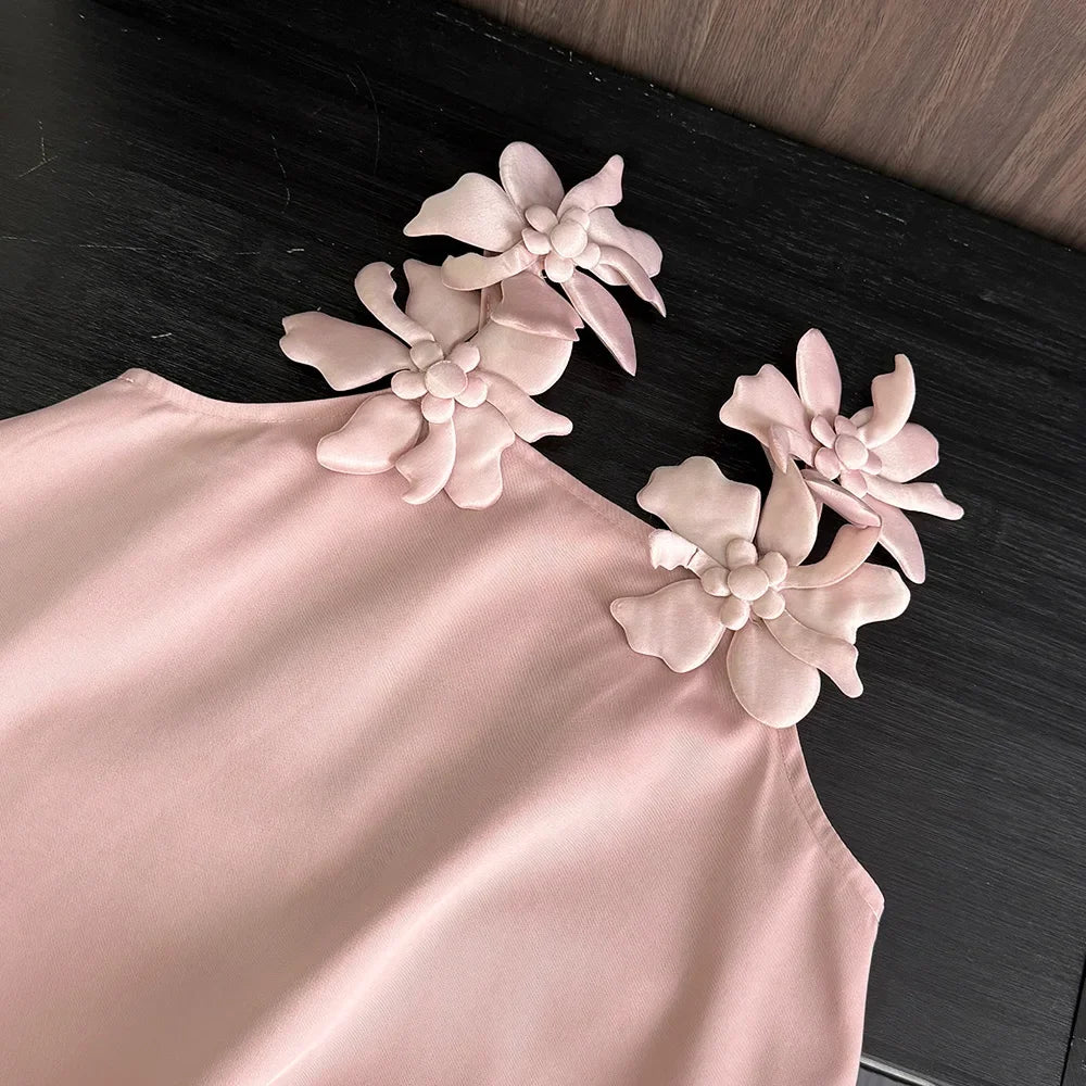 Korean Version 2 3 4 5 6 7-year-old Solid Color Girls' Casual Clothes Summer 3D Flower Princess Dress Fashionable and Elegant