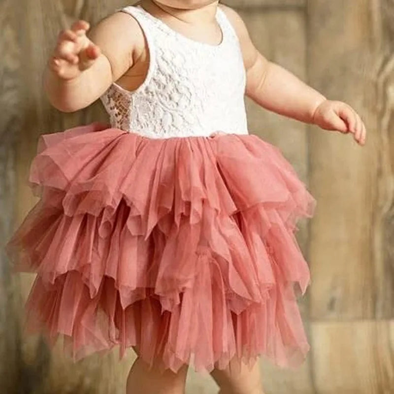 Flower Girl Bridesmaid Dresses Little Girl Layered Lace Tulle Dress Elegant Festival Princess Dress Sleeveless Clothes
