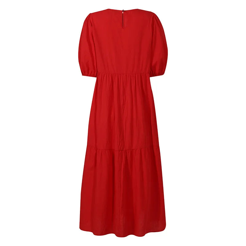 2026 Fashion Puff Short Sleeve Dress for Women Summer Solid Casual Sundress Comfort Cotton Maxi Dress Modest Robe Vestidos Femme