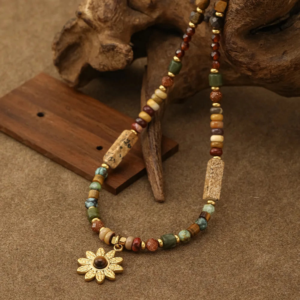 Bohemian Style Sunflower Pendant Beaded Titanium Steel Necklace Natural Stone Tibetan Silver Clavicle Chain Geometric Shape