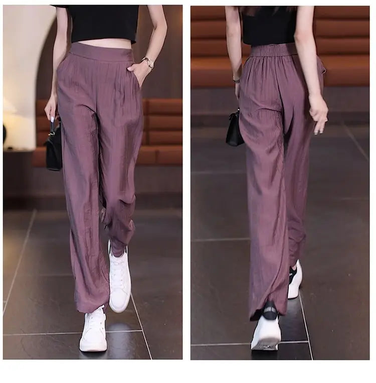 Women's Ice Silk Wide Leg Pants - High Waist Loose Casual Trousers