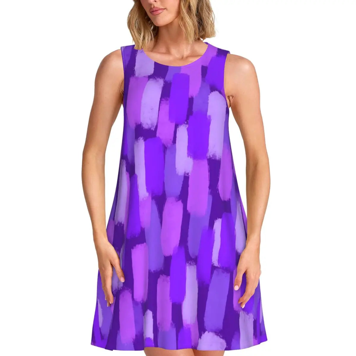 Abstract Brush Print Casual Dress Colorful Print Sleeveless Pretty Dresses Woman Crewneck Aesthetic Dress Spring Print Clothes
