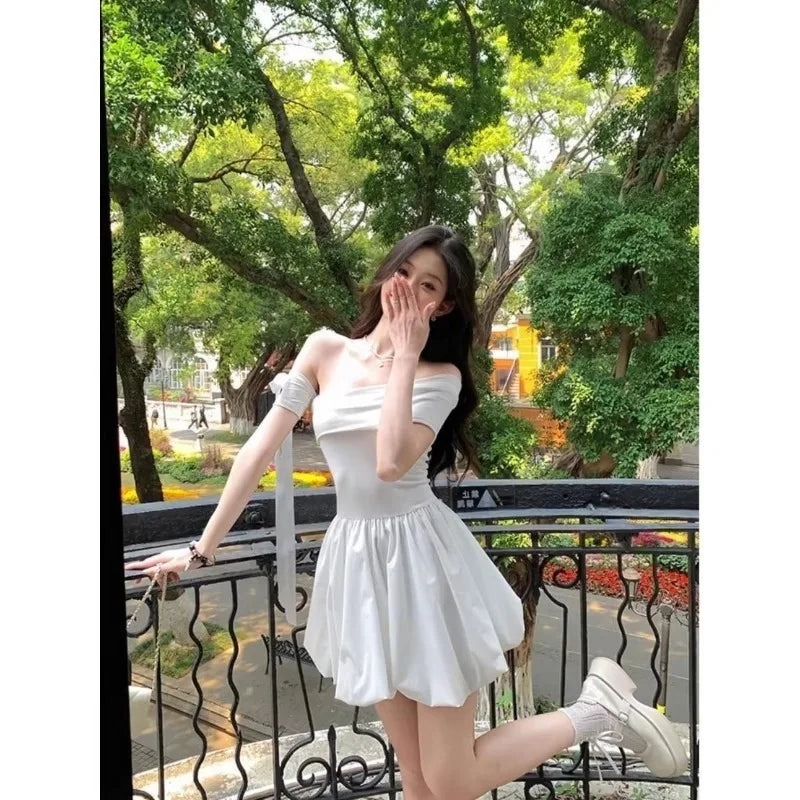 Black Off Shoulder Mini Dress With Bow Decor Ruched Waist Flared Silhouette For Women
