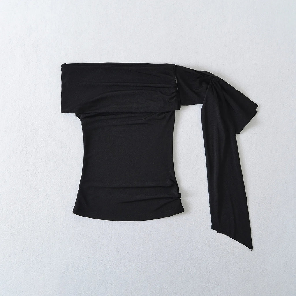 Sexy Pure Desire Short Sleeve T-Shirt Women's Spicy Girl Sash One Shoulder Tube Top Short Length Slim Fit Casual Noble