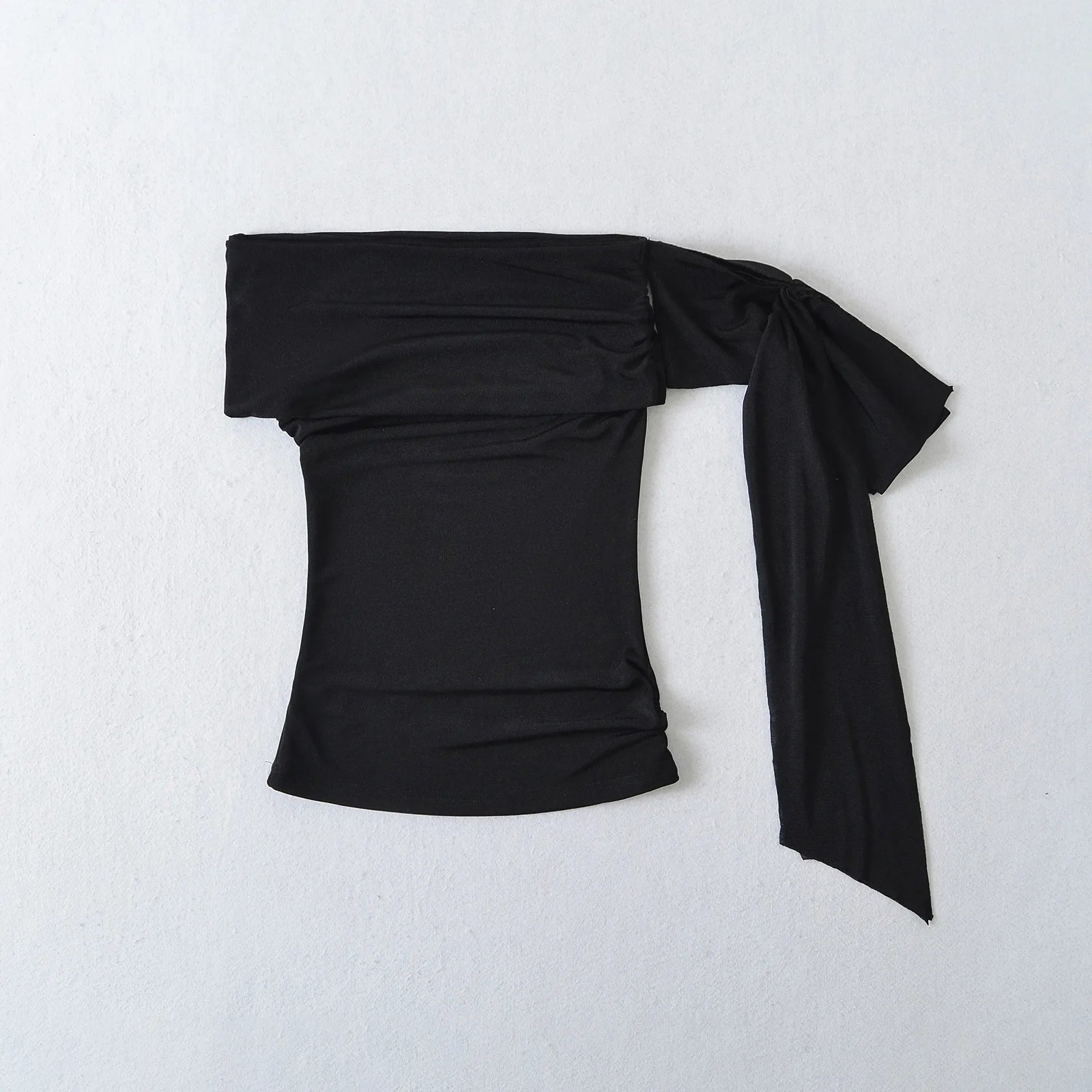 Sexy Pure Desire Short Sleeve T-Shirt Women's Spicy Girl Sash One Shoulder Tube Top Short Length Slim Fit Casual Noble