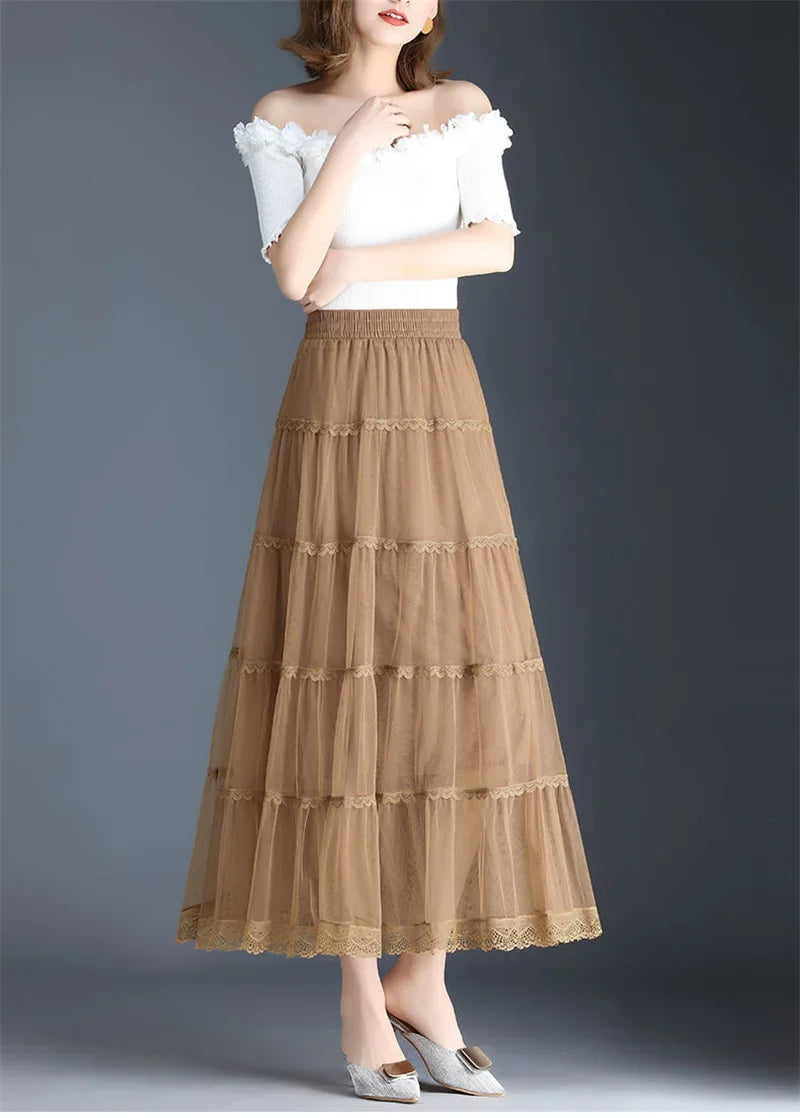 Pop Pop Long Tulle Skirt Women 2024 Spring Summer Elastic High Waist A-Line Mesh Pleated Puffy Skirt Female Elegant Lace Midi Sk