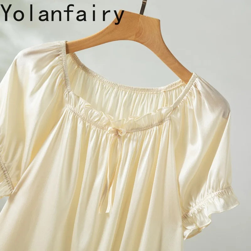 YOLANFAIRY 93% Real Mulberry Silk Pajamas for Woman 2026 Spring Summer High-end Sets Woman 2 Piece Short Sleeve Pijamas De Mujer