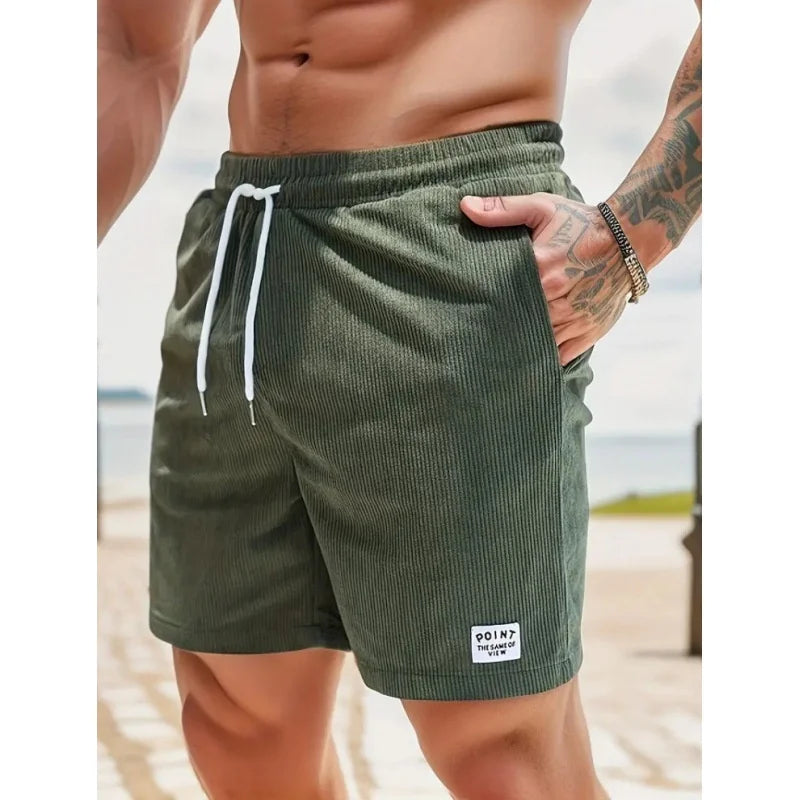 Summer Men's Solid Corduroy Shorts with Drawstring Casual Elastic Waist Fit for Outdoor Daily Activities Streetwear