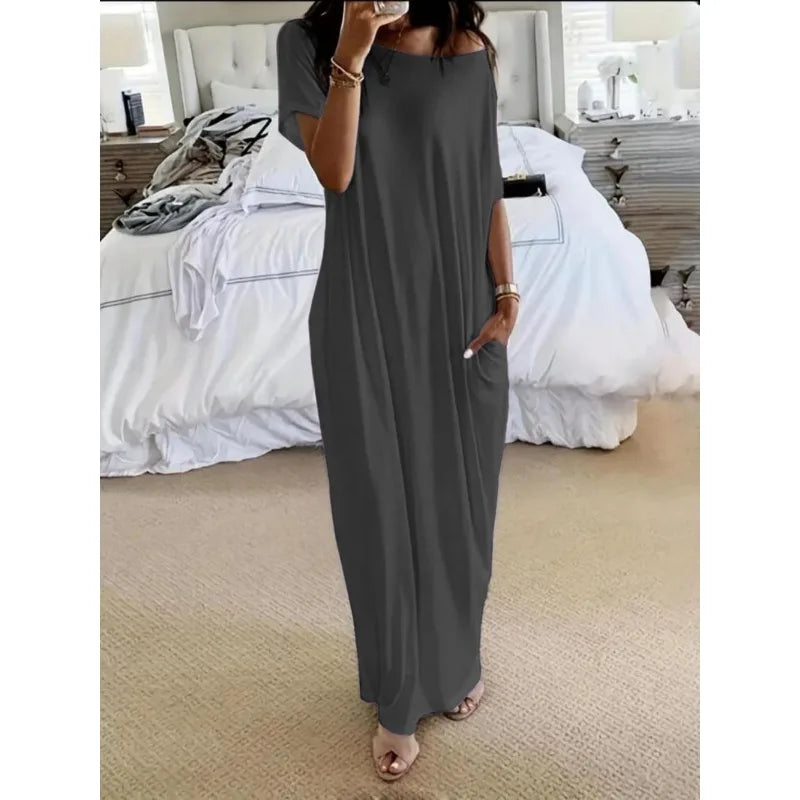 Women's Summer Solid Short Sleeve Maxi Dress Casual Loose Fit for Beach Holiday and Daily Leisure