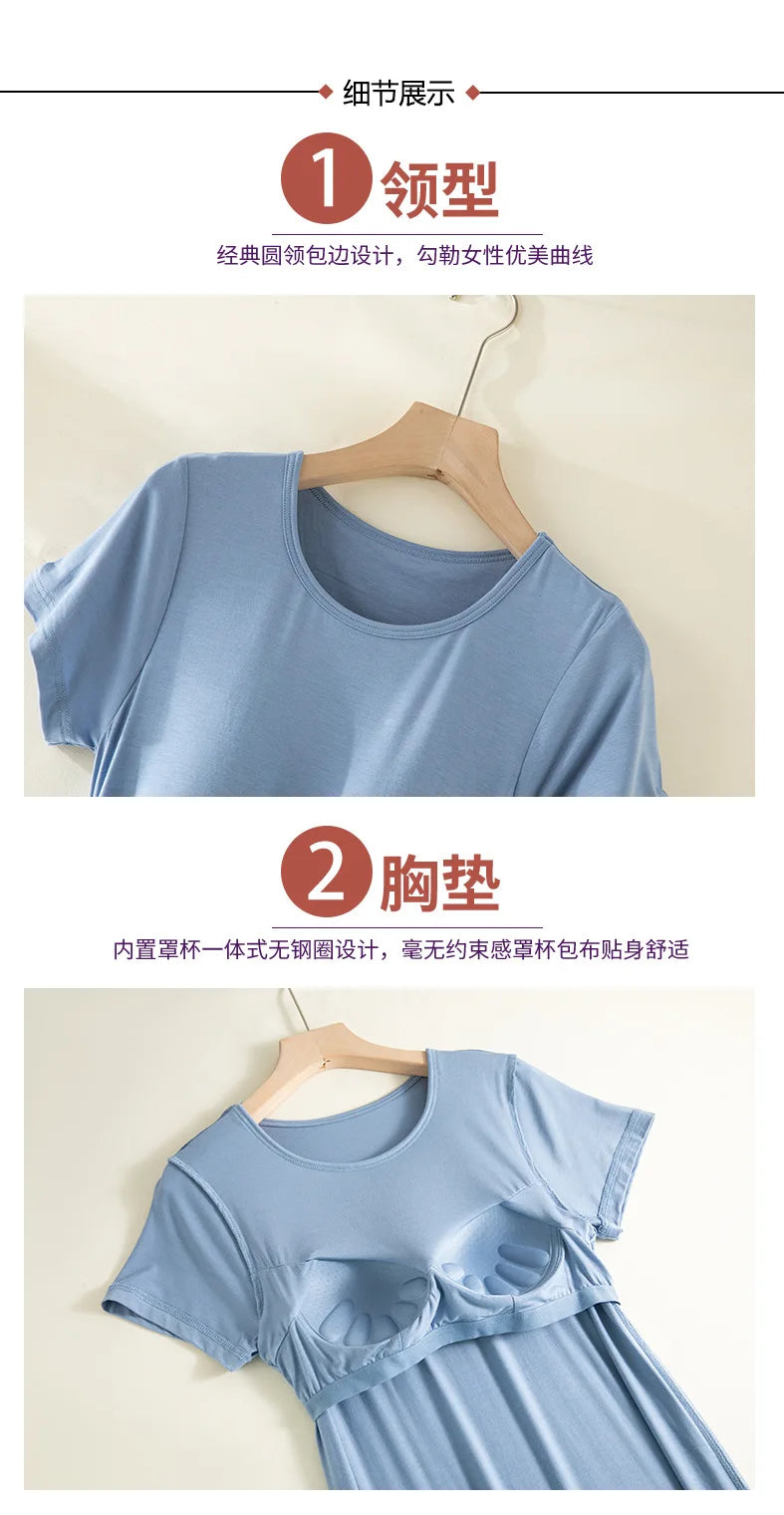 Summer Night Dress Modal Chest Pad Loose Casual Medium and Long Short Sleeved Home Nightgowns Women Sleepwear Night Gown M-3XL