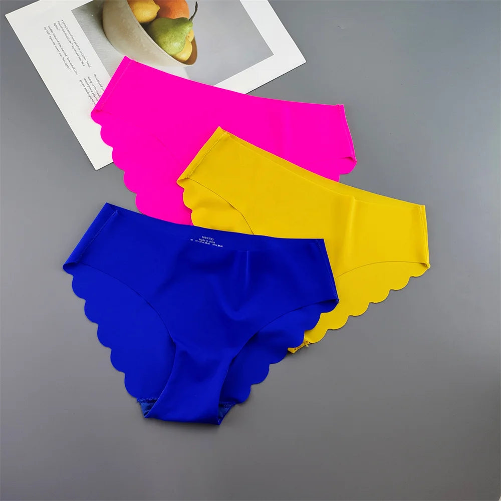 3Pcs/set Ruffle Cut Ice Silk Seamless Underwear Women Plus Size Thin Panties Drop Waist Hip Lift Briefs Female Underpants