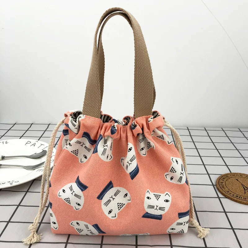 Japanese Cute Bento Bag Tote Canvas Lunch Bags Cartoon Anime Drawstring Bag Foldable Holds Two Lunch Boxes