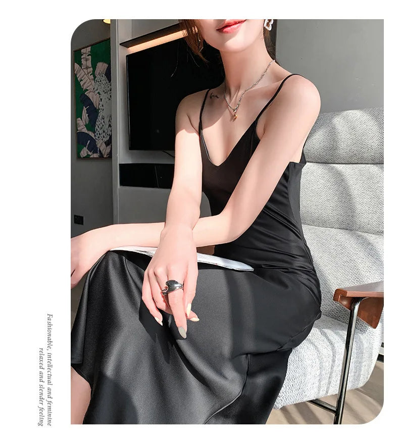 Sexy Solid Color Camisole Nightgown for Women Midi Length Sleeveless Slip Dress Inner Layer Base Dress Home Sleepwear Nightwear