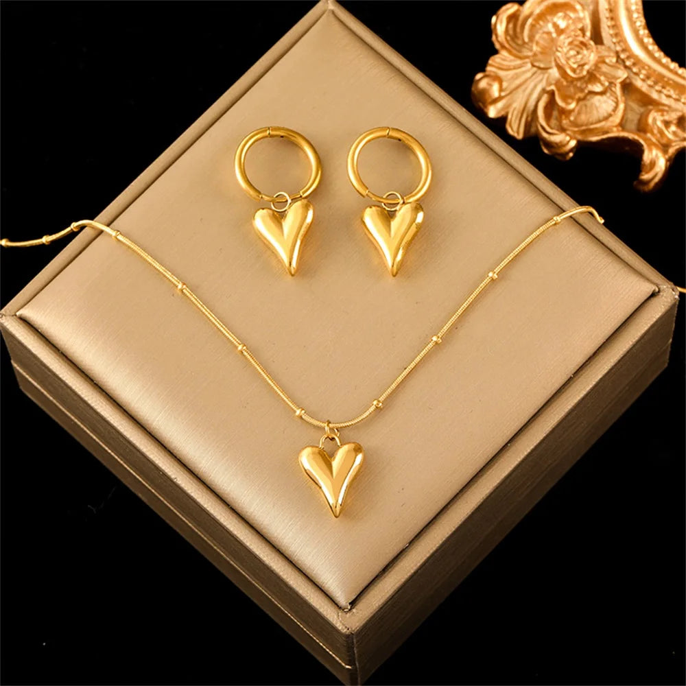 Eilieck 316L Stainless Steel Heart Jewelry Set For Women Necklace Bracelet Earrings 18K Gold Plated Waterproof
