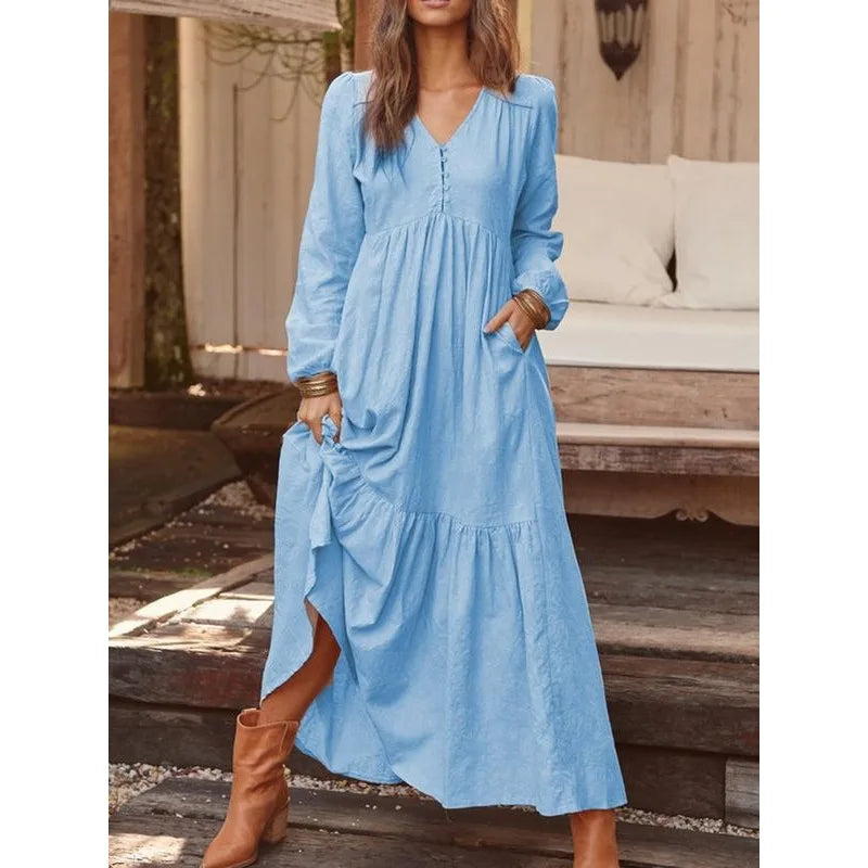 Loose Long Sleeve Cotton Linen Dress Retro Button Spring Autumn Vacation Women Skirt