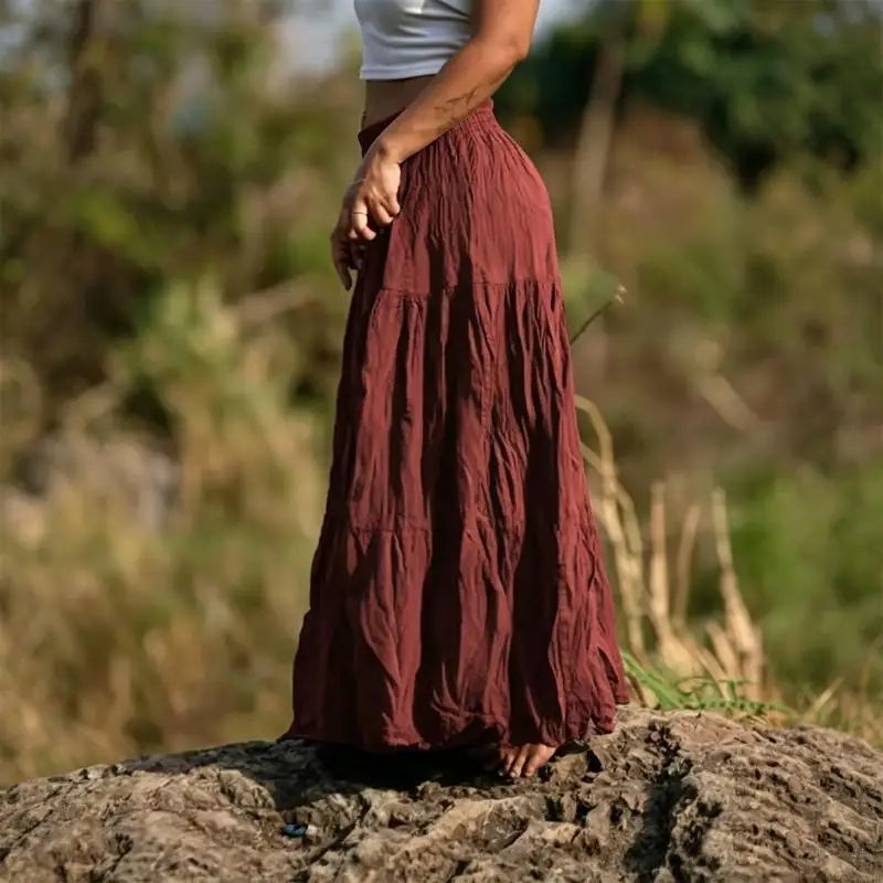 77HE Skirts for Women, Long Maxi Flowy Skirts, A-Line Ruffle Elastic High Waist Tiered Casual Beach