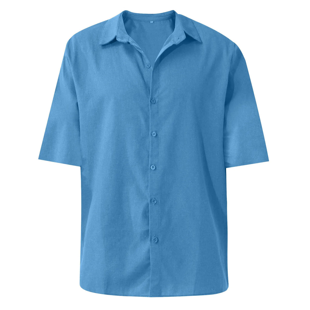 Men'S Short-Sleeved Shirts Cotton Linen Summer Solid Color Turn-Down Collar Quick Drying Casual Beach Style Plus Size Shirts