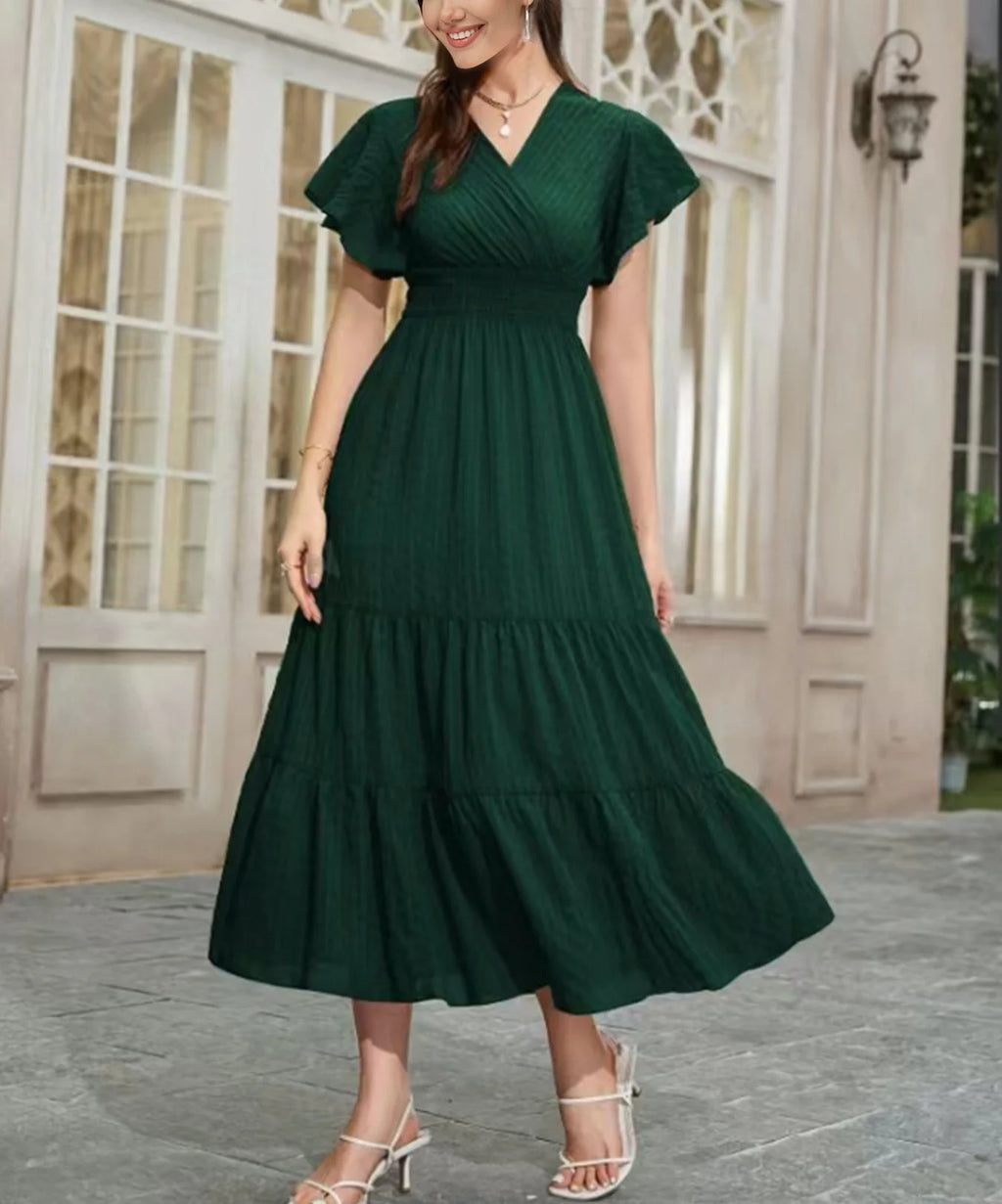 Elegant Women's Summer Casual Solid Color Long Dress Fashion Holiday Sexy V Neck Pleated Short Sleeve Maxi Dresses Vestido