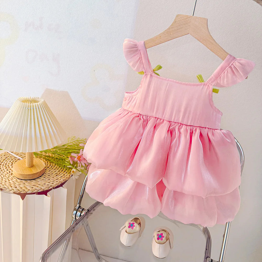 Summer New Tulip Pattern Solid Color Halter Puffy Girl Kid's Dress Cute Casual Princess Dress For Baby Girl ( 0-2 Years Old)