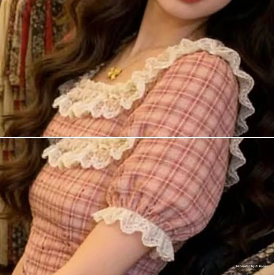 Pink Lace Bubble Sleeve Dress Women's Summer Gentle Style Ultra Beautiful Plaid Slimming Long Dress High Waist A-Line Skirt