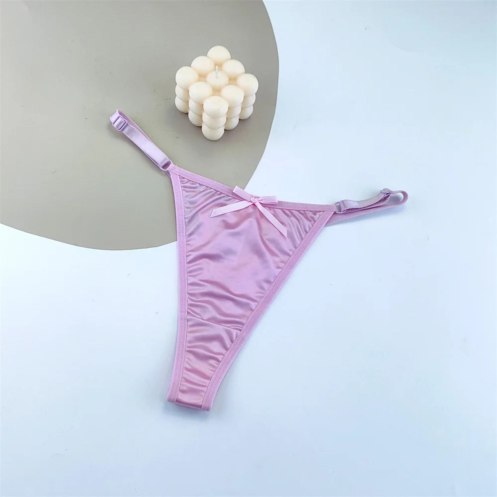 3PCS Adjustable Satin Thong Women Sexy G-string Underwear Low Waist T Back Peach Buttocks Tempting Sexy Bow Lingerie