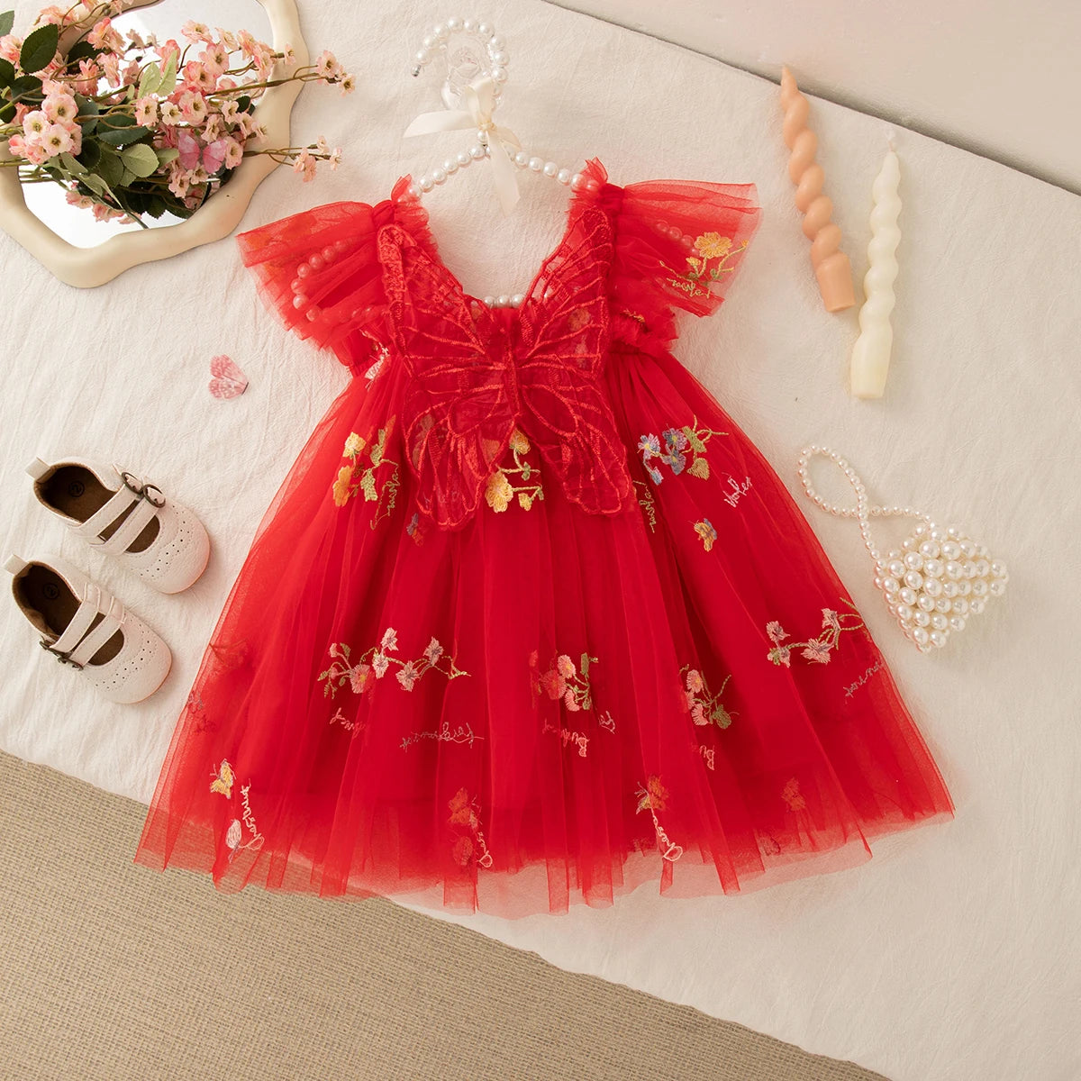 Floral Mesh Ball Gown Dress For Baby Girls Princess Style With Full Skirt And Floral Applique