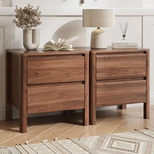 Walnut Nightstands Set of 2, Mid Century Modern Bede Table with Hidden Handles and Wood Legs, Wooden End Table with 2