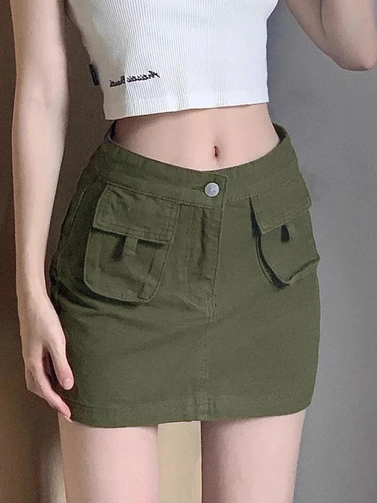 Slimming Effect Retro Military Green Workwear Denim Short Skirt High Waist Half Body Skirt Large Size Loose plus Size Women's...