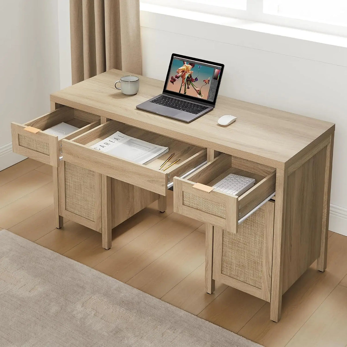Rattan Desk with Storage, 52" Computer Table with 3 Drawers & 2 Cabinets, Writing Desk for  Study Living Room, Customized