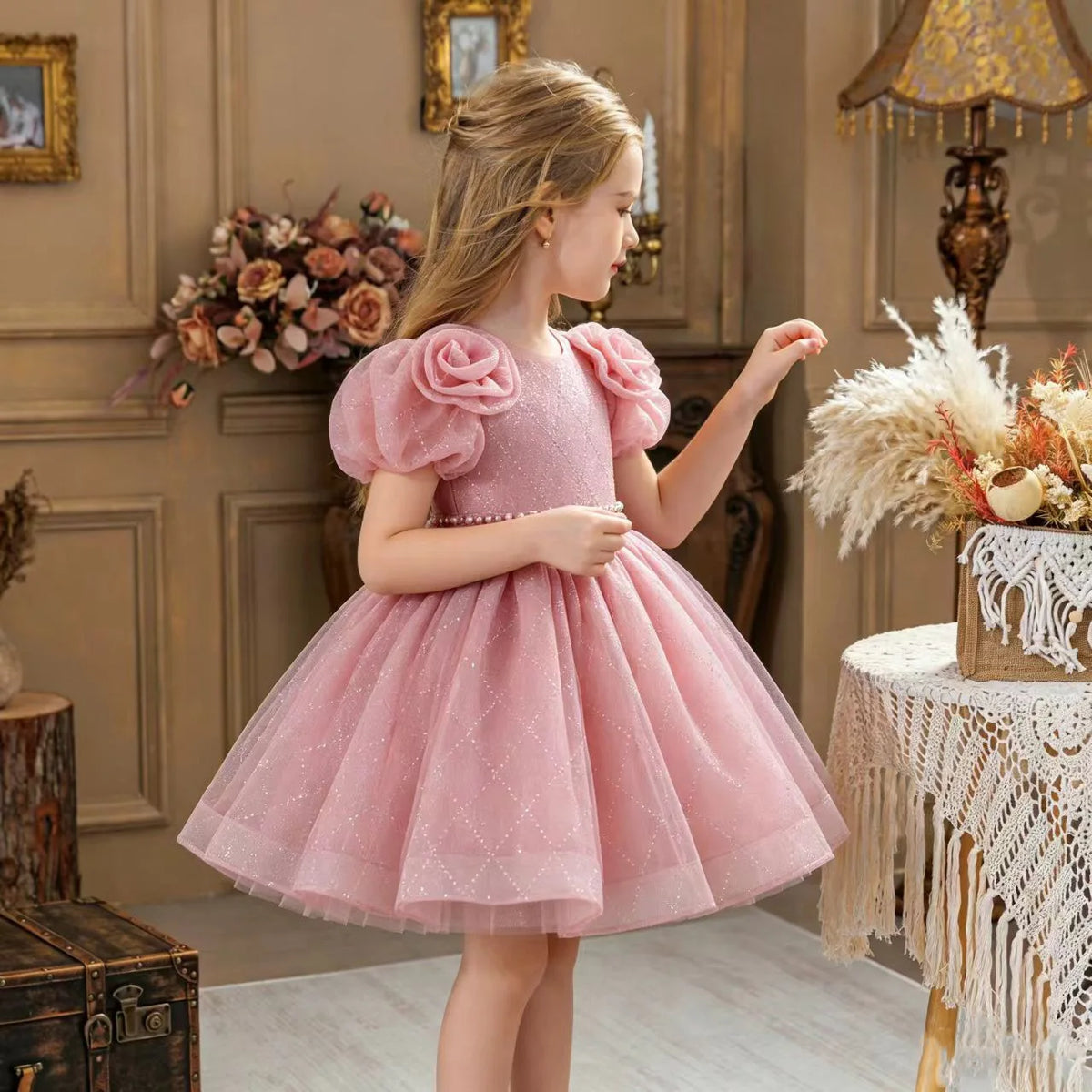 HETISO Flower Girls Princess Dress Beaded Kids Ball Gown for Wedding Child Birthday Party Custom 1-4 Years