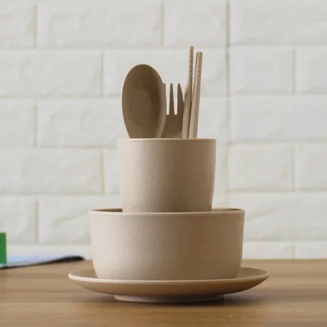 6-Piece Wheat Straw Baby Dinnerware Set - Feeding Bowl and Utensils