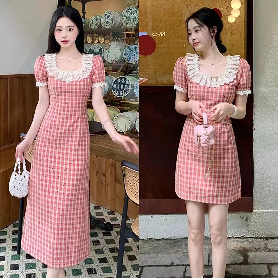 Retro Square Collar Red Plaid Heart Women's Dress plus Size Floral Trim Slimming Skirt High Waist Bubble Sleeve Summer Dress