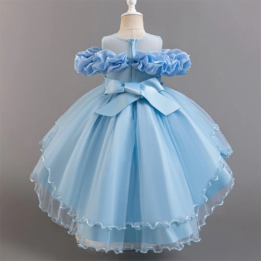 Fashion Pink Flower Girl Party Dresses Wedding Birthday Tulle Princess Dress for Kids Graduation Pageant Bridesmaid Kids Costume