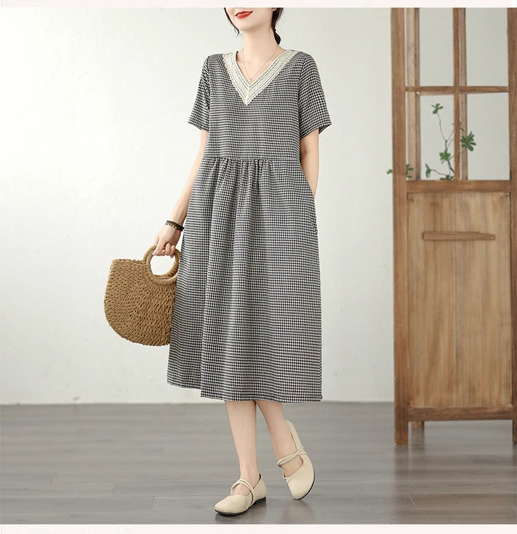 Retro Fashion Casual Plaid Dress Women Summer New V-neck Lace Splicing Loose Slimming Skirt over Knee Cotton Polyester Blend
