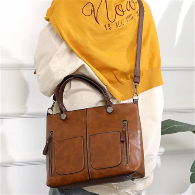 Retro Leather Handbag Shoulder Bag for Women with Double Pocket, Large Capacity, Vintage Lady's Tote Bag, Simple Crossbody Bags