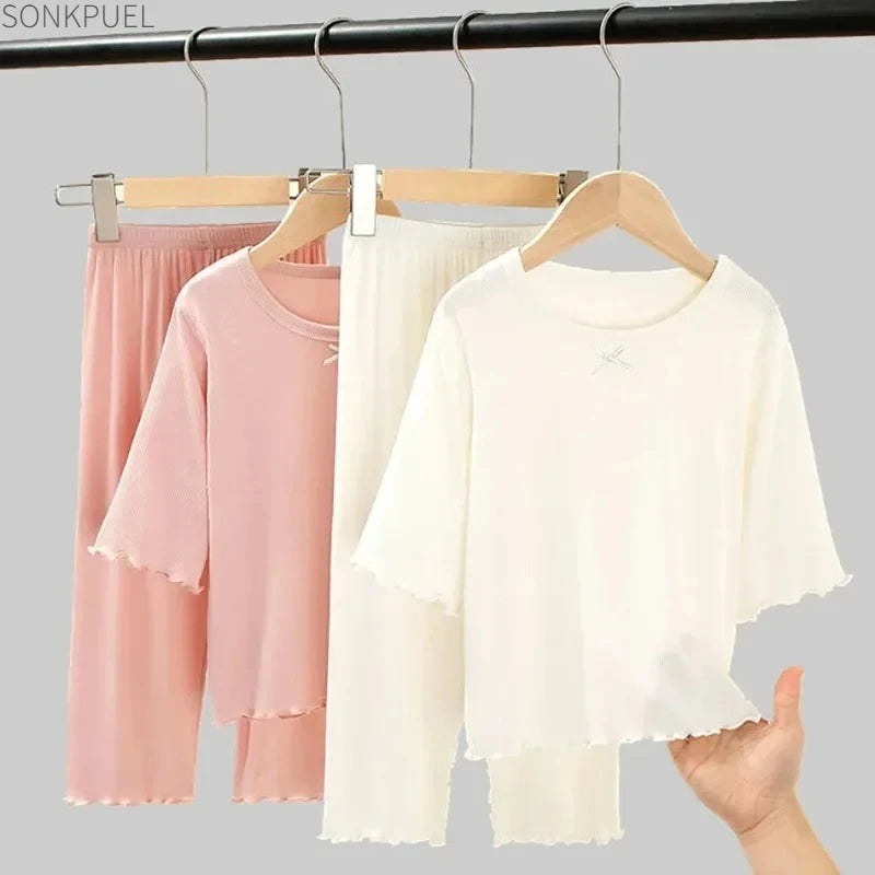 Sonkpuel Girls' 2-Piece Ice Silk Pajama Set - Short Sleeve Casual