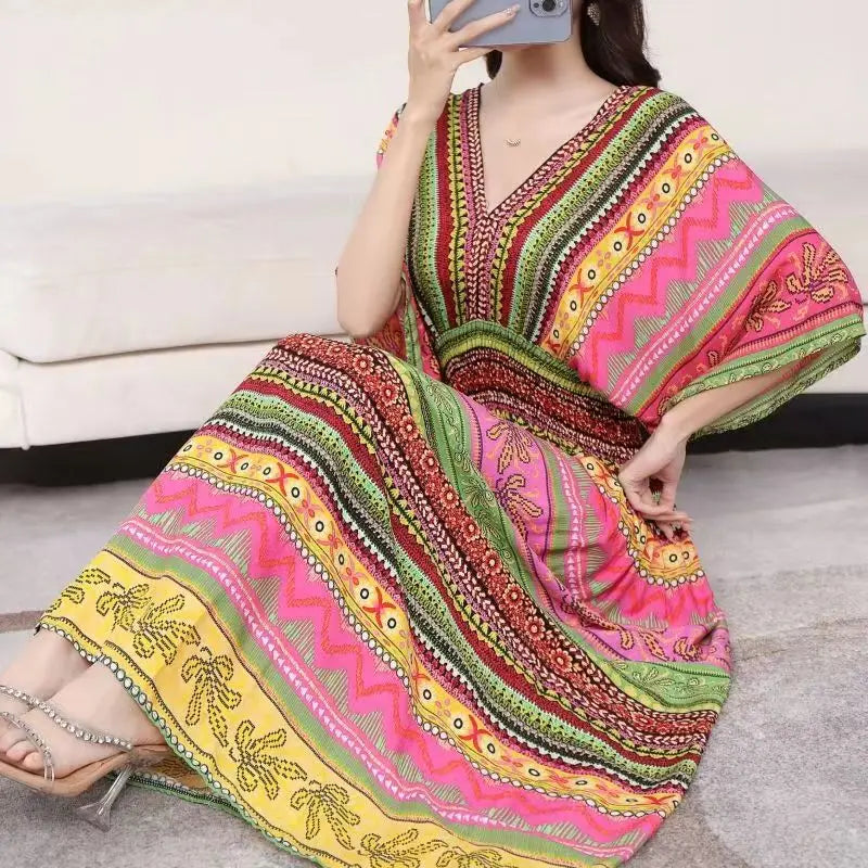 Summer New Casual Elegant Retro Bohemian Style V-neck Elastic Waist Large Swing Printed Long Skirt Autumn Summer Dress